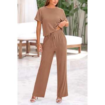 PRETTYGARDEN Women's Summer 2 Piece Knit Loungewear Short Sleeve T Shirts Wide Leg Pants Tracksuit Casual Outfits (Khaki,Large)