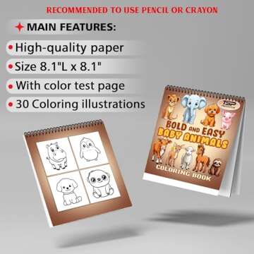 TSPVOTUS Bold and Easy Baby Animals Coloring Book for Adults and Kids, Spiral Bound Edition, 30 Designs Coloring Pages of Cute Animals for Stress Relief and Relaxation