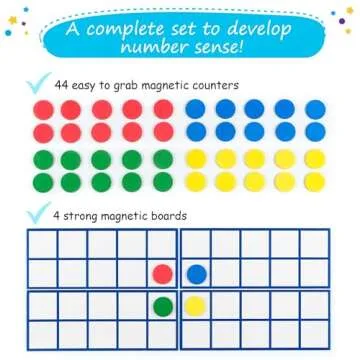 48 PCS Magnetic Ten Frames - Math Manipulatives for Elementary Classroom & Kindergarten - 4 Ten Frames & 44 Magnetic Math Counters for Kids, Math Games for Kindergarten - Jumbo Magnetic Ten Frame Set