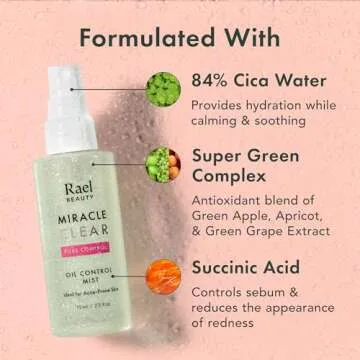 Rael Face Mist, Miracle Clear Hydrating Facial Spray, Pore Control for Acne Prone & Oil with Succinic Acid, Residue Free, Vegan, Korean Skin Care (2.5 fl oz)