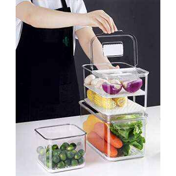SANNO Vegetable Fruit Storage Containers, Food Storage Containers Fridge Produce Save, Stackable Refrigerator Organizer Keeper Drawers Bins Baskets with Lids and Removable Drain Tray
