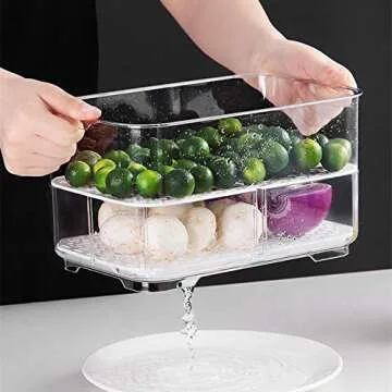 SANNO Vegetable Fruit Storage Containers, Food Storage Containers Fridge Produce Save, Stackable Refrigerator Organizer Keeper Drawers Bins Baskets with Lids and Removable Drain Tray