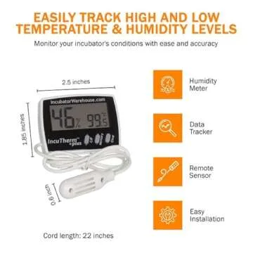 Incubator Warehouse IncuTherm™ Plus Digital Thermometer and Hygrometer for Egg Incubator - Large Digital Display with Min/Max Memory - Remote Probe - Reads Celsius and Fahrenheit +/-1° 1109 IWTH01