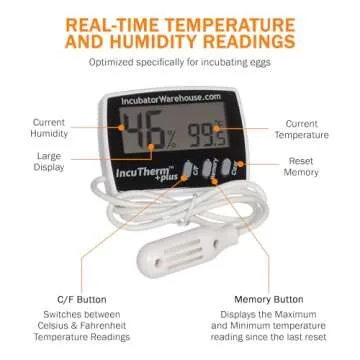 Incubator Warehouse IncuTherm™ Plus Digital Thermometer and Hygrometer for Egg Incubator - Large Digital Display with Min/Max Memory - Remote Probe - Reads Celsius and Fahrenheit +/-1° 1109 IWTH01