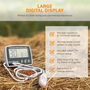 Incubator Warehouse IncuTherm™ Plus Digital Thermometer and Hygrometer for Egg Incubator - Large Digital Display with Min/Max Memory - Remote Probe - Reads Celsius and Fahrenheit +/-1° 1109 IWTH01