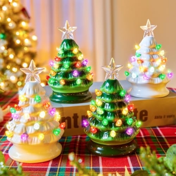 5 Inch Mini Ceramic Christmas Tree Set - 4 Pack Pre-lit Tabletop Christmas Tree with Multicolored LE...