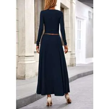 PRETTYGARDEN Women's Spring 2 Piece Outfits Dressy Casual Ribbed Knit Long Sleeve Crop Tops Maxi Flo...