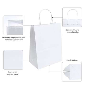 cozymood White Gift Bags with Handles Medium 8x4.5x10.5 100Pcs Bulk Kraft Paper Bags Perfect Choice for Parties, Shopping, Retail, Business, Merchandise, Restaurant takeouts