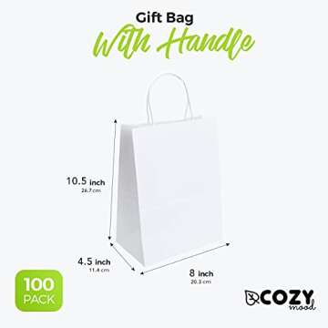 cozymood White Gift Bags with Handles Medium 8x4.5x10.5 100Pcs Bulk Kraft Paper Bags Perfect Choice for Parties, Shopping, Retail, Business, Merchandise, Restaurant takeouts