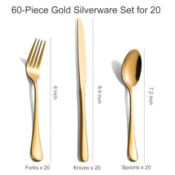 60-Pcs Gold Silverware Set - Stainless Steel Flatware Cutlery Set Service for 20, Mirror Polished Gold Flatware Set Include Forks Spoons Knives for Home, Wedding, Restaurant, Dishwasher Safe