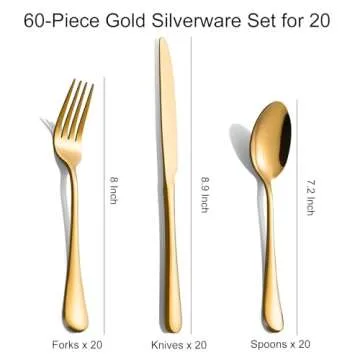 60-Pcs Gold Silverware Set - Stainless Steel Flatware Cutlery Set Service for 20, Mirror Polished Gold Flatware Set Include Forks Spoons Knives for Home, Wedding, Restaurant, Dishwasher Safe