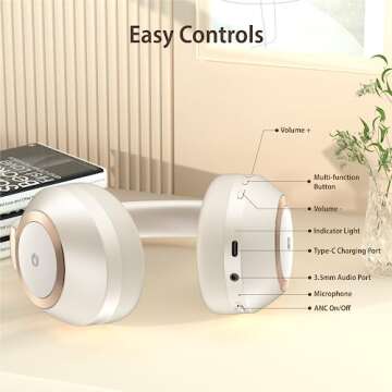 EAORUL Active Noise Cancelling Headphones, 100H Playtime Headphones Wireless Bluetooth, Bluetooth Headphones with Microphone, Over- Ear Wireless Headphones with Deep Bass for Travel (White)