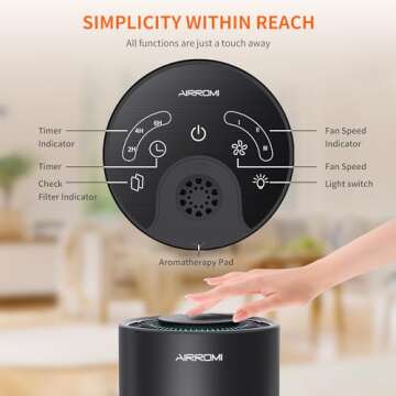 AIRROMI Air Purifier for Bedroom with HEPA 3-in-1 Filter, Pet Air Purifier for Home Cat Pee Smell, Covers Upto 990 Ft², Quiet 360°intake Air Cleaner for pet hair,allergies,Dust,Smoke A2001 Black