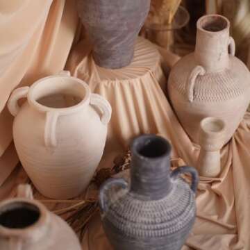 Chagoart Handmade White Ceramic Vase for Home Decor-9.6" Rustic Vase-Big Concrete Stone Pottery Decorative Vase-Large Farmhouse Vase for Living Room-Terracotta Vintage Vase Antique Decor 4 Ear Design