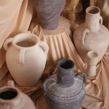 Chagoart Handmade White Ceramic Vase for Home Decor-9.6" Rustic Vase-Big Concrete Stone Pottery Decorative Vase-Large Farmhouse Vase for Living Room-Terracotta Vintage Vase Antique Decor 4 Ear Design