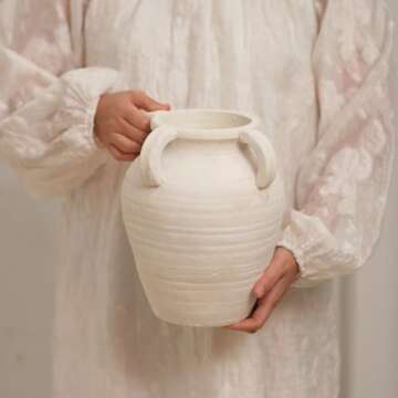 Chagoart Handmade White Ceramic Vase for Home Decor-9.6" Rustic Vase-Big Concrete Stone Pottery Decorative Vase-Large Farmhouse Vase for Living Room-Terracotta Vintage Vase Antique Decor 4 Ear Design