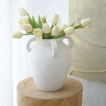 Chagoart Handmade White Ceramic Vase for Home Decor-9.6" Rustic Vase-Big Concrete Stone Pottery Decorative Vase-Large Farmhouse Vase for Living Room-Terracotta Vintage Vase Antique Decor 4 Ear Design