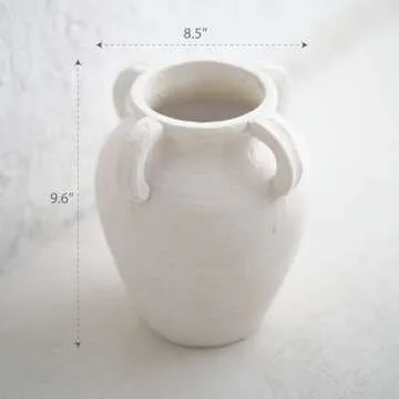 Chagoart Handmade White Ceramic Vase for Home Decor-9.6" Rustic Vase-Big Concrete Stone Pottery Decorative Vase-Large Farmhouse Vase for Living Room-Terracotta Vintage Vase Antique Decor 4 Ear Design