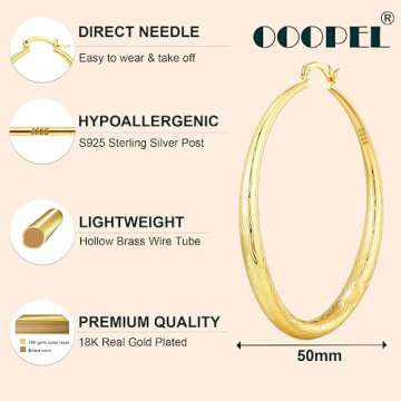 OOOPEL Gold Hoop Earrings for Women Hypoallergenic Earrings Gold Hoops 14K Real Gold Lightweight Large Thick Gold Hoops Argollas De Oro 14K Aretes Mujer