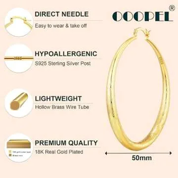 OOOPEL Gold Hoop Earrings for Women Hypoallergenic Earrings Gold Hoops 14K Real Gold Lightweight Large Thick Gold Hoops Argollas De Oro 14K Aretes Mujer