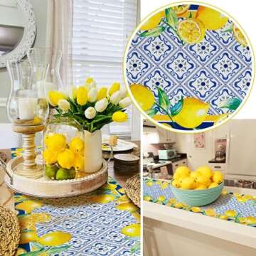 WHOMEAF Capri Blue Lemon Table Runner Italy Tile Burlap Artificial Yellow Lemon Fruit Table Runners ...