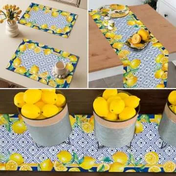 WHOMEAF Capri Blue Lemon Table Runner Italy Tile Burlap Artificial Yellow Lemon Fruit Table Runners Farmhouse Coffee Table Center Decor for Home Kitchen Dining Party Patio Indoor Outdoor 13x72 Inch