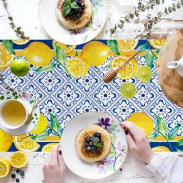 WHOMEAF Capri Blue Lemon Table Runner Italy Tile Burlap Artificial Yellow Lemon Fruit Table Runners Farmhouse Coffee Table Center Decor for Home Kitchen Dining Party Patio Indoor Outdoor 13x72 Inch