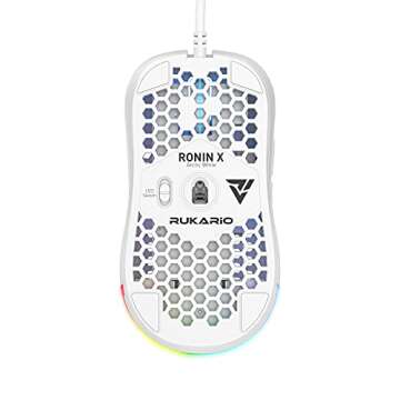 Rukario Ronin X PC Gaming Mouse (Arctic White, Wired) - Ultra Lightweight Symmetrical Honeycomb Shel...
