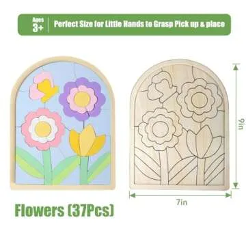 Lasoba Kids Puzzles Ages 3-5, Wooden Puzzles for Toddlers 3-5, Color Shapes Puzzles for Kids Ages 4-6, Toddler Puzzles Montessori Toys for 3 Year Old, Great Gifts for 3+ Year Olds (Flowers)