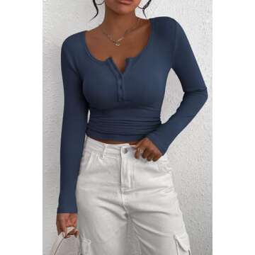 PRETTYGARDEN Women's 2025 Spring Fall Long Sleeve Henley T Shirts Button Ribbed Knit Slim Fit Casual Basic Tops Blouse (Dark Blue,X-Small)