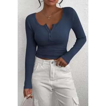 PRETTYGARDEN Women's 2025 Spring Fall Long Sleeve Henley T Shirts Button Ribbed Knit Slim Fit Casual Basic Tops Blouse (Dark Blue,X-Small)