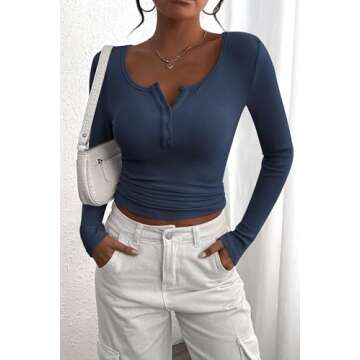 PRETTYGARDEN Women's 2025 Spring Fall Long Sleeve Henley T Shirts Button Ribbed Knit Slim Fit Casual Basic Tops Blouse (Dark Blue,X-Small)