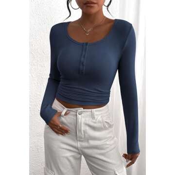 PRETTYGARDEN Women's 2025 Spring Fall Long Sleeve Henley T Shirts Button Ribbed Knit Slim Fit Casual Basic Tops Blouse (Dark Blue,X-Small)