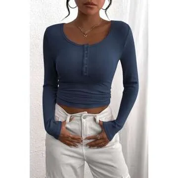 PRETTYGARDEN Women's 2025 Spring Fall Long Sleeve Henley T Shirts Button Ribbed Knit Slim Fit Casual Basic Tops Blouse (Dark Blue,X-Small)