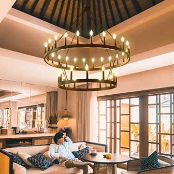 Yikrfiae Black Wagon Wheel Chandelier 2 Tier 36-Lights 48 Inch Extra Large Farmhouse Light Fixture, ...