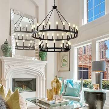 Yikrfiae Black Wagon Wheel Chandelier 2 Tier 36-Lights 48 Inch Extra Large Farmhouse Light Fixture, Round Rustic Lighting for Dining Room Kitchen Island Foyer Entryway