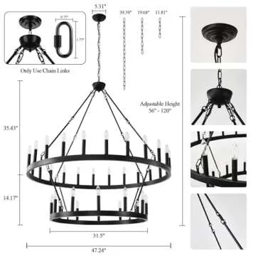 Yikrfiae Black Wagon Wheel Chandelier 2 Tier 36-Lights 48 Inch Extra Large Farmhouse Light Fixture, Round Rustic Lighting for Dining Room Kitchen Island Foyer Entryway