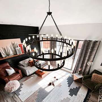 Yikrfiae Black Wagon Wheel Chandelier 2 Tier 36-Lights 48 Inch Extra Large Farmhouse Light Fixture, Round Rustic Lighting for Dining Room Kitchen Island Foyer Entryway