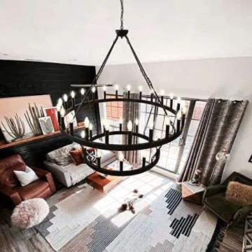 Yikrfiae Black Wagon Wheel Chandelier 2 Tier 36-Lights 48 Inch Extra Large Farmhouse Light Fixture, Round Rustic Lighting for Dining Room Kitchen Island Foyer Entryway