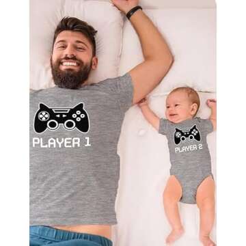 Tstars Gamer Dad and Baby Matching Outfits Gifts for New Dads Player 1 & Player 2 Funny Fathers Day Daddy and Me Outfits Dad Gray Medium/Baby Gray Newborn (0-3M)