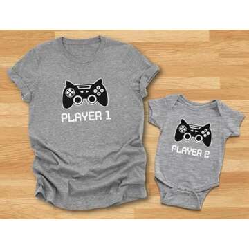Tstars Gamer Dad and Baby Matching Outfits Gifts for New Dads Player 1 & Player 2 Funny Fathers Day Daddy and Me Outfits Dad Gray Medium/Baby Gray Newborn (0-3M)