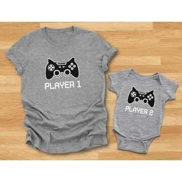 Tstars Gamer Dad and Baby Matching Outfits Gifts for New Dads Player 1 & Player 2 Funny Fathers Day Daddy and Me Outfits Dad Gray Medium/Baby Gray Newborn (0-3M)
