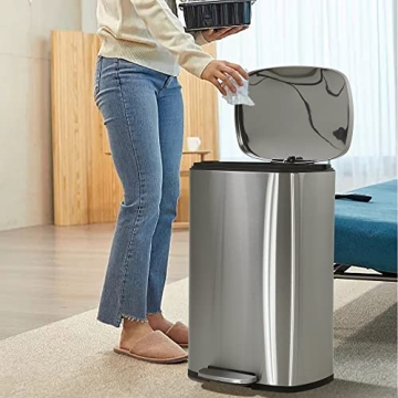 BIQWBIC 50 Liter / 13 Gallon Kitchen Trash Can, Stainless Steel with Lid, Foot Pedal and Inner Bucket, Fingerprint-Resistant Soft Close Lid Garbage Can, Odor Proof and Hygienic