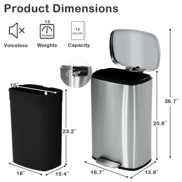BIQWBIC 50 Liter / 13 Gallon Kitchen Trash Can, Stainless Steel with Lid, Foot Pedal and Inner Bucket, Fingerprint-Resistant Soft Close Lid Garbage Can, Odor Proof and Hygienic