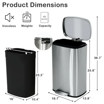BIQWBIC 50 Liter / 13 Gallon Kitchen Trash Can, Stainless Steel with Lid, Foot Pedal and Inner Bucket, Fingerprint-Resistant Soft Close Lid Garbage Can, Odor Proof and Hygienic