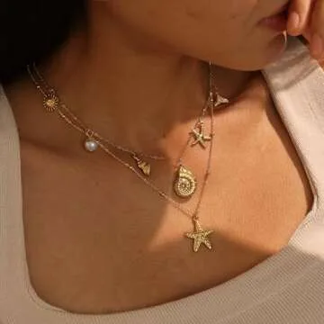 SELSHE 14k Gold Plated Beach Charm Necklace for Women