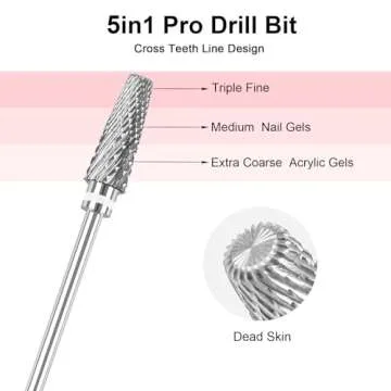 BQAN 5-in-1 Pro Upgraded Nail Drill Bit Fast Remove Acrylic Gel Nail for Manicure, Tungsten Drill Bit 3/32" Shank Size XC+M+3XF (Silver)