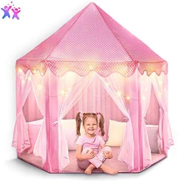 FoxPrint Castle Princess Tents for Little Girls with Lights, Soft Fairy Star Lighting for Indoor and Outdoor Play, Quick 55” x 53” Pop Up Canopy, Relaxation and Creative Space for Kids, Pink