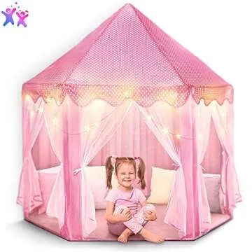 FoxPrint Castle Princess Tents for Little Girls with Lights, Soft Fairy Star Lighting for Indoor and Outdoor Play, Quick 55” x 53” Pop Up Canopy, Relaxation and Creative Space for Kids, Pink