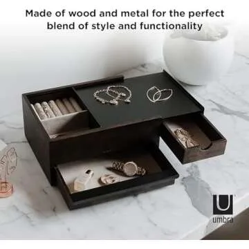 Umbra Stowit Jewelry Box - Modern Keepsake Storage Organizer with Hidden Compartment Drawers for Ring, Bracelet, Watch, Necklace, Earrings, and Accessories, Black Walnut
